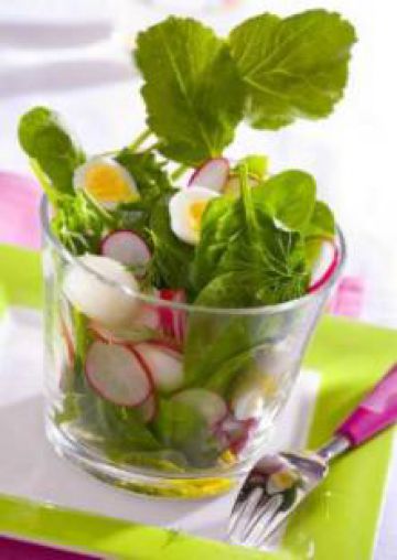 Salade de jeunes pousses aux radis et aux oeufs de caille