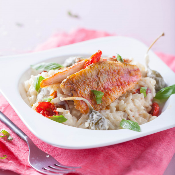 Risotto aux tomates confites, câpres et filets de rouget