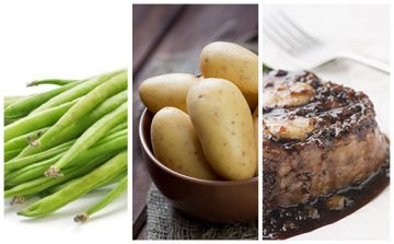 Bifteck aux échalotes, pommes de terre et haricots verts