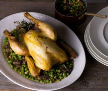 Recette poulet rôti, petits pois et morilles