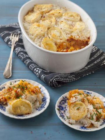 Gratin de riz aux poireaux parfumé au curry