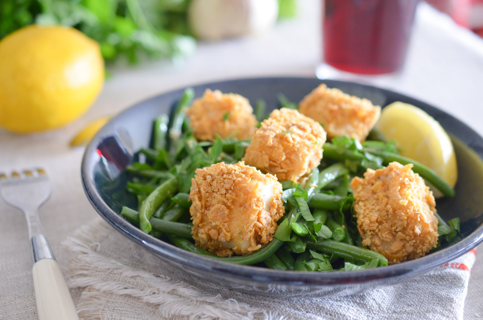 Nuggets de poulet maison et haricots verts