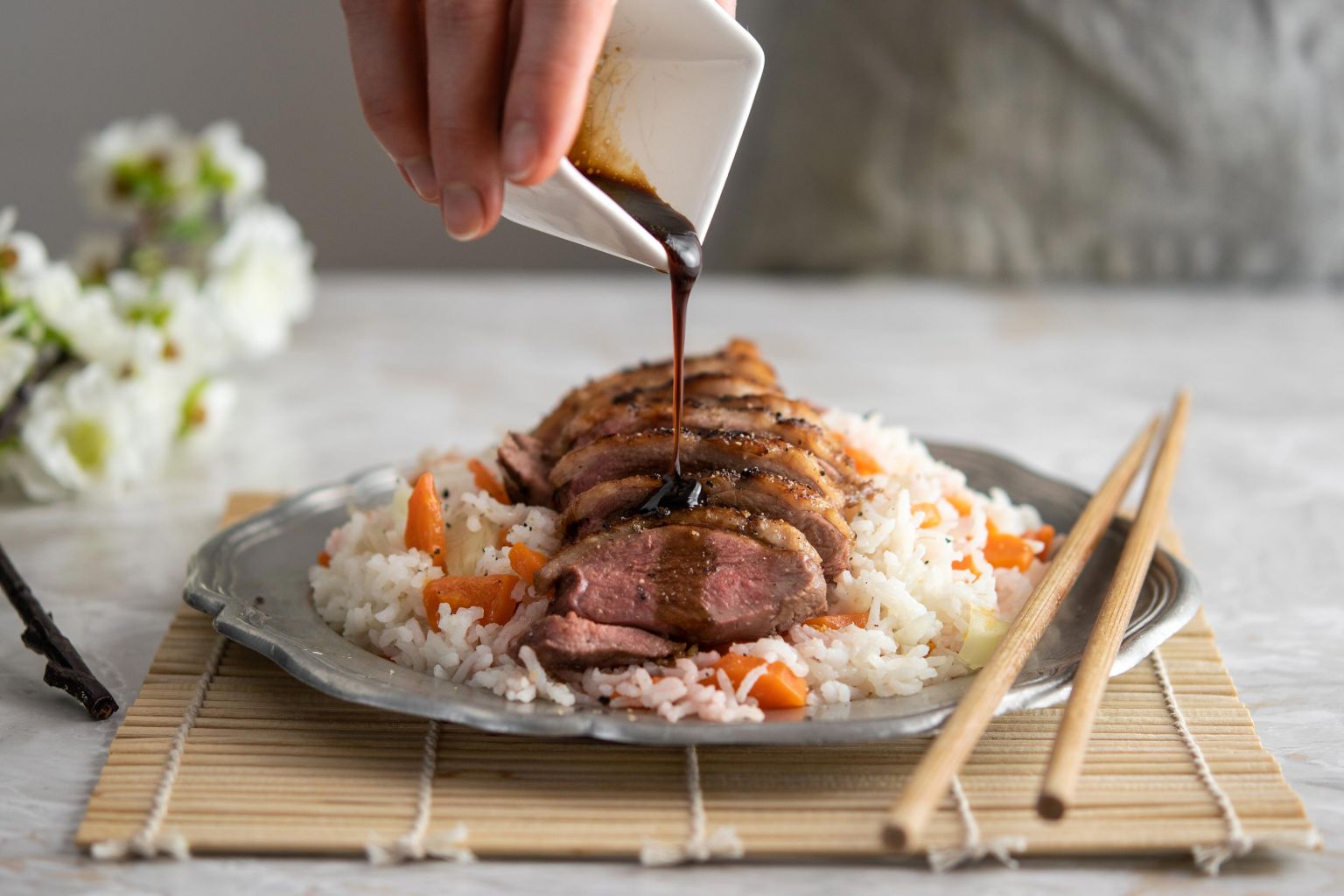 Canette laquée (au soja, vinaigre de riz et miel)