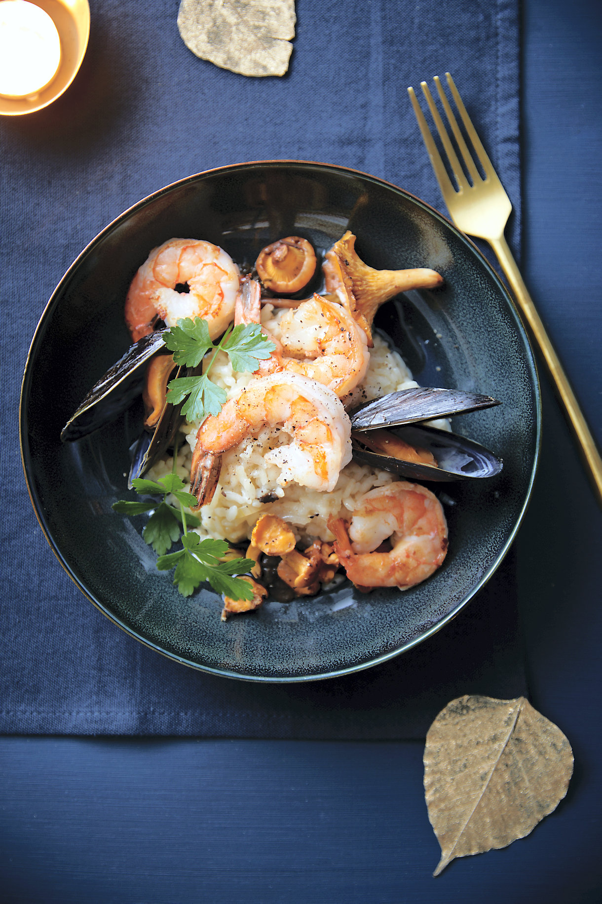 Risotto de la mer aux gambas, aux moules et aux girolles