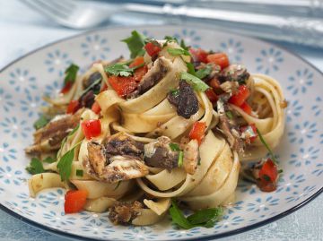 Pâtes au poulet, poivrons et champignons