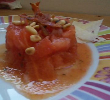 Tartare de tomates, jambon croustillant